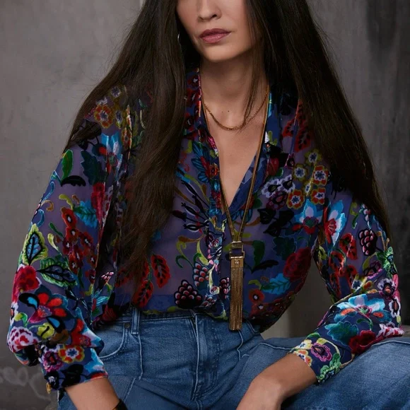 Johnny Was Minto Burnout Yrene Blouse Colorful Silk Blend Size Medium - Picture 2 of 10